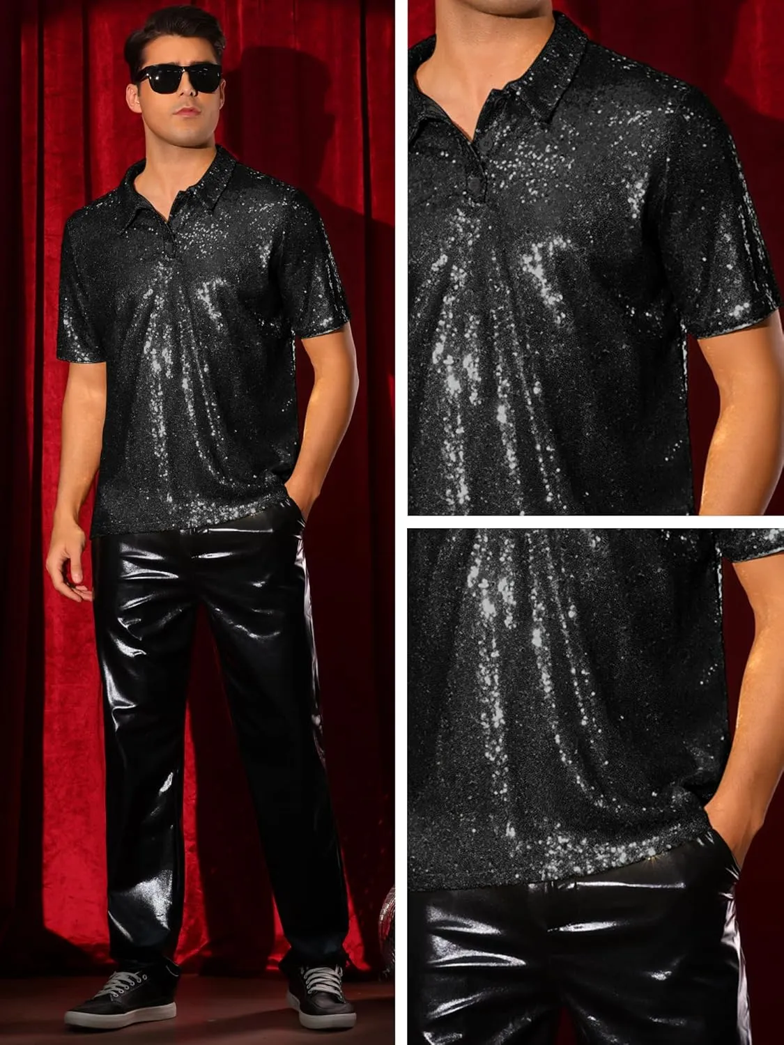 Lars Amadeus Sequin Shirts for Men's Sequin Short Sleeve Sparkle Prom 70s Disco Party Glitter Polo
