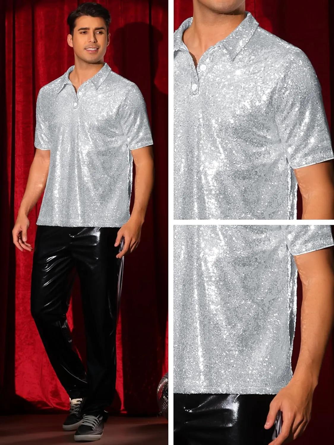 Lars Amadeus Sequin Shirts for Men's Sequin Short Sleeve Sparkle Prom 70s Disco Party Glitter Polo