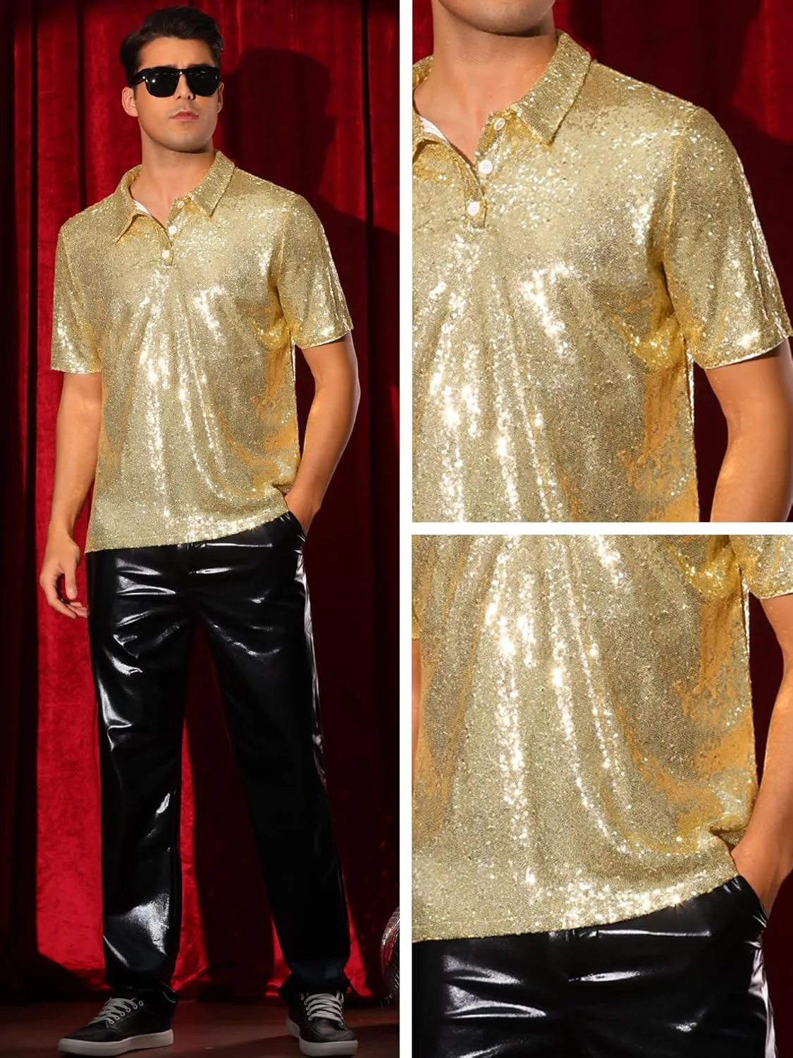 Lars Amadeus Sequin Shirts for Men's Sequin Short Sleeve Sparkle Prom 70s Disco Party Glitter Polo