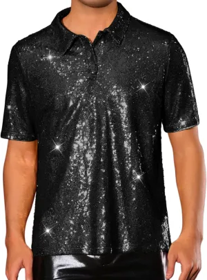 Lars Amadeus Sequin Shirts for Men's Sequin Short Sleeve Sparkle Prom 70s Disco Party Glitter Polo