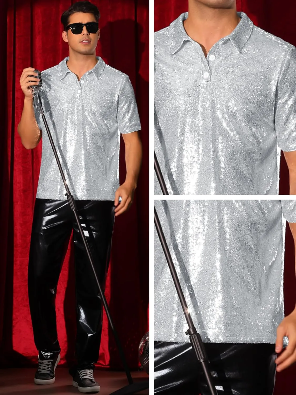 Lars Amadeus Sequin Shirts for Men's Sequin Short Sleeve Sparkle Prom 70s Disco Party Glitter Polo