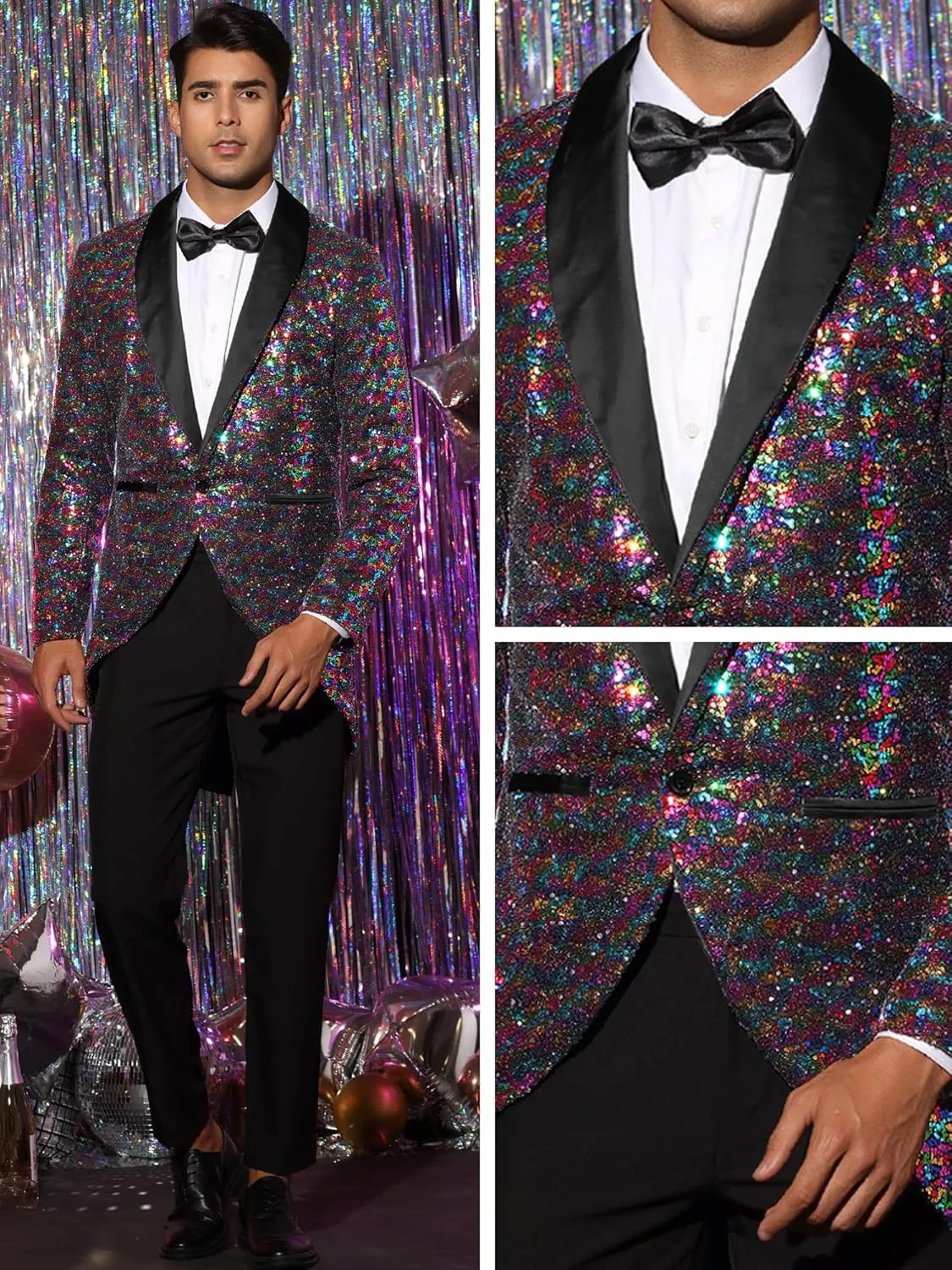 Lars Amadeus Sequin Tailcoat for Men's Shawl Lapel Shiny Sparkly Party Disco Wedding Tuxedo