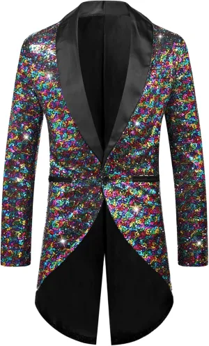Lars Amadeus Sequin Tailcoat for Men's Shawl Lapel Shiny Sparkly Party Disco Wedding Tuxedo