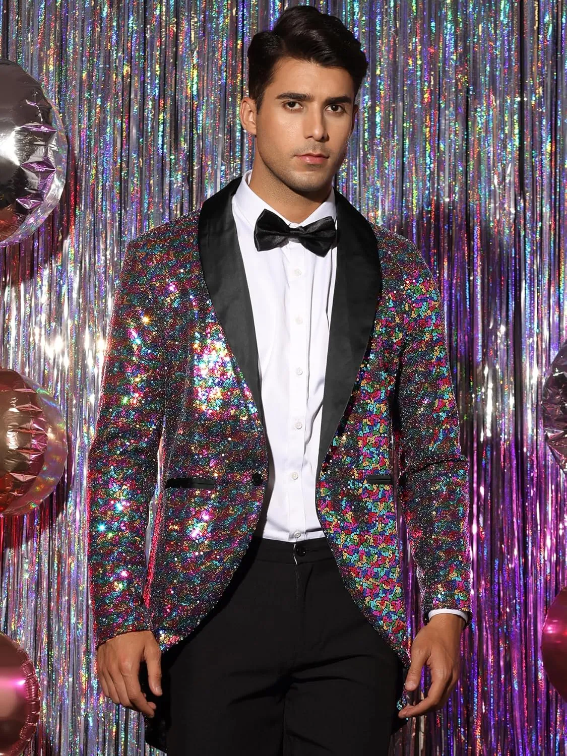 Lars Amadeus Sequin Tailcoat for Men's Shawl Lapel Shiny Sparkly Party Disco Wedding Tuxedo
