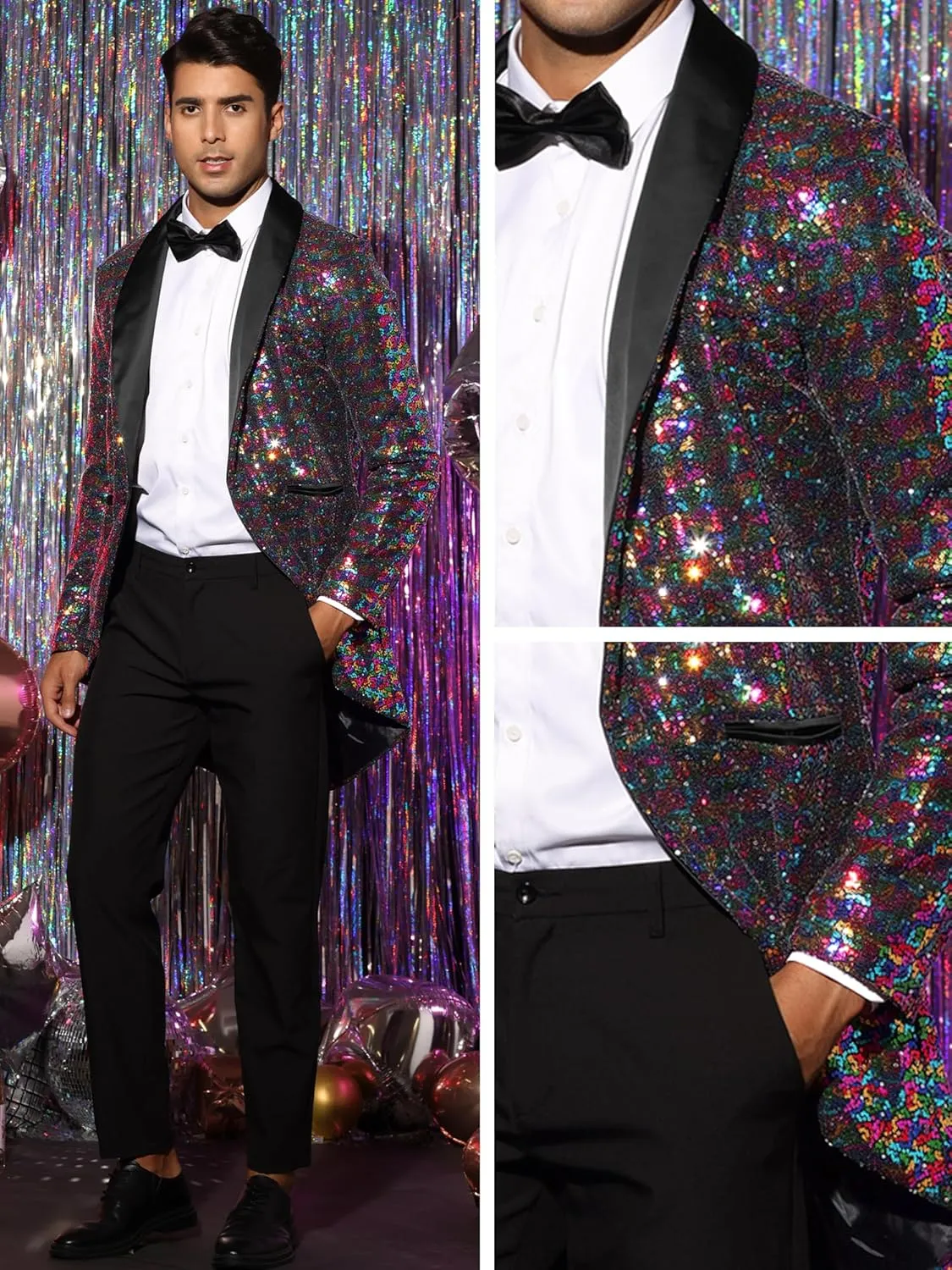 Lars Amadeus Sequin Tailcoat for Men's Shawl Lapel Shiny Sparkly Party Disco Wedding Tuxedo