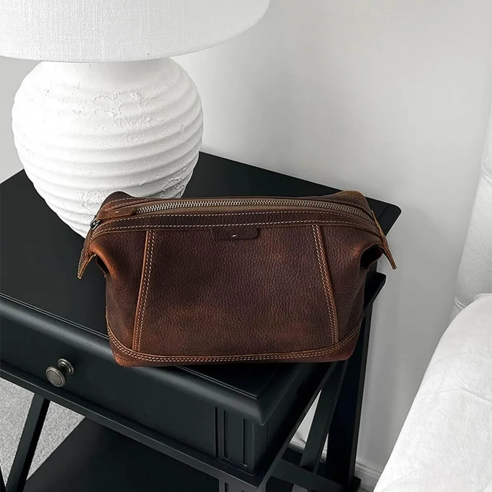 Leather Toiletry Bag, Travel Toiletry Bag for Men Hanging Dopp Kit Leather Toiletry Organizer Water-Resistant(Black)