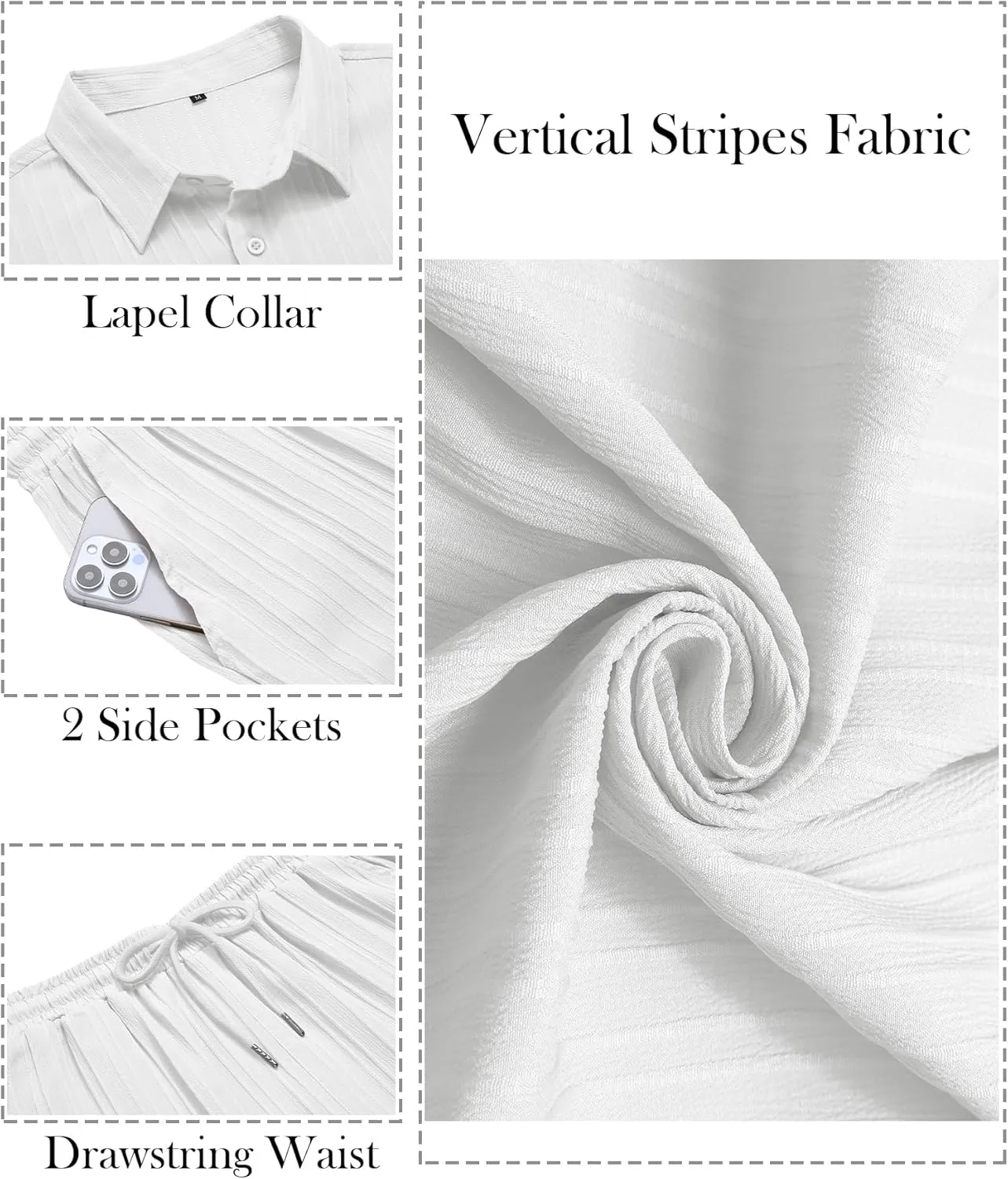 LecGee Men's 2 Piece Vertical Striped Textured Outfits Summer Casual Button Down Shirts And Pants Matching Sets