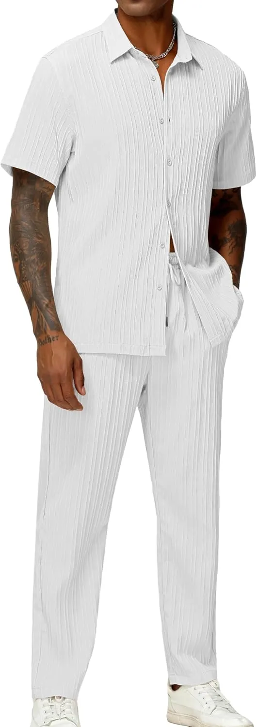 LecGee Men's 2 Piece Vertical Striped Textured Outfits Summer Casual Button Down Shirts And Pants Matching Sets