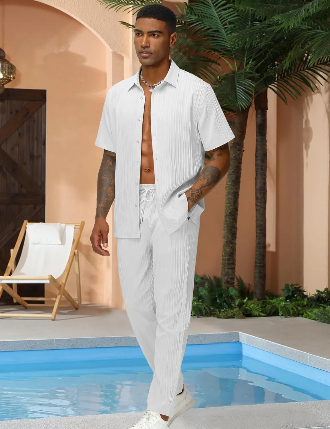 LecGee Men's 2 Piece Vertical Striped Textured Outfits Summer Casual Button Down Shirts And Pants Matching Sets