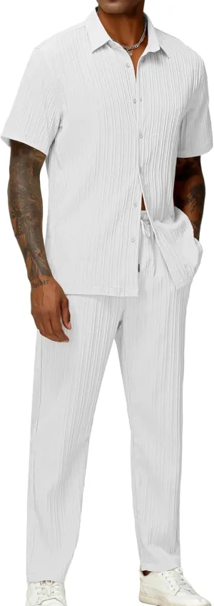 LecGee Men's 2 Piece Vertical Striped Textured Outfits Summer Casual Button Down Shirts And Pants Matching Sets