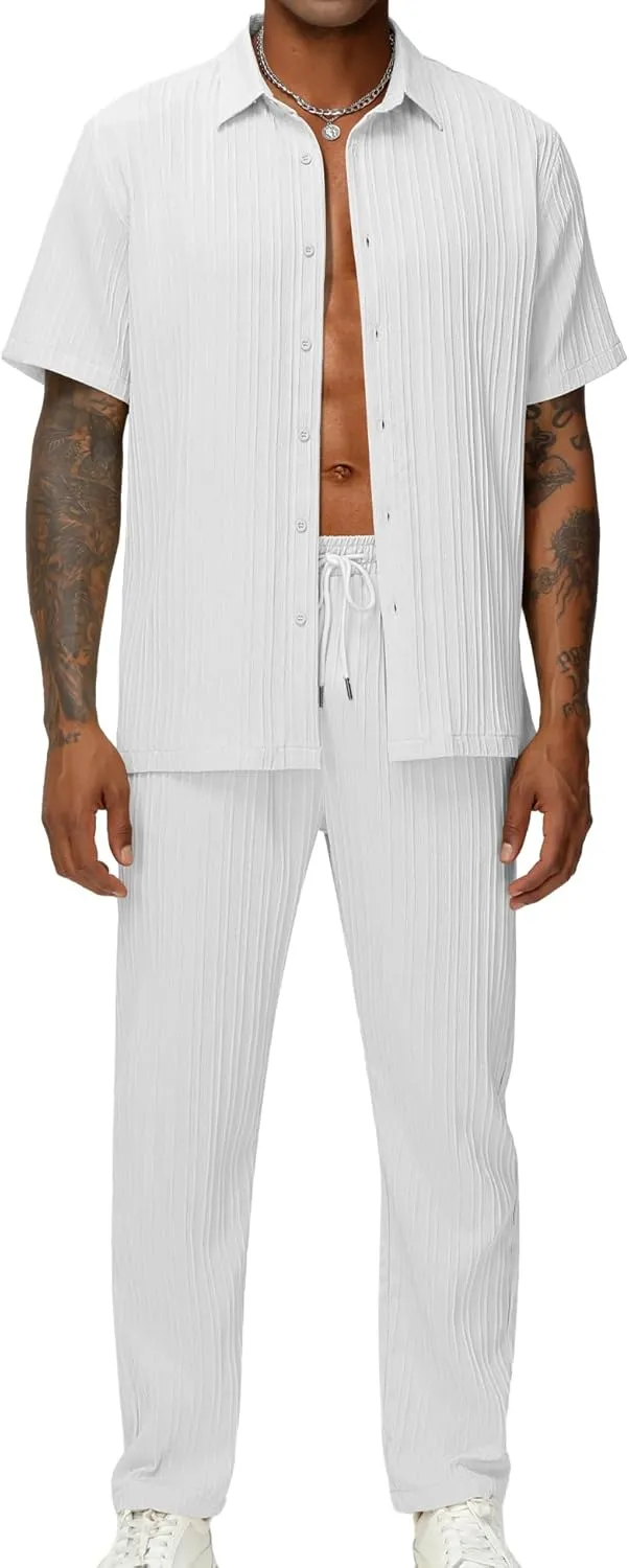 LecGee Men's 2 Piece Vertical Striped Textured Outfits Summer Casual Button Down Shirts And Pants Matching Sets