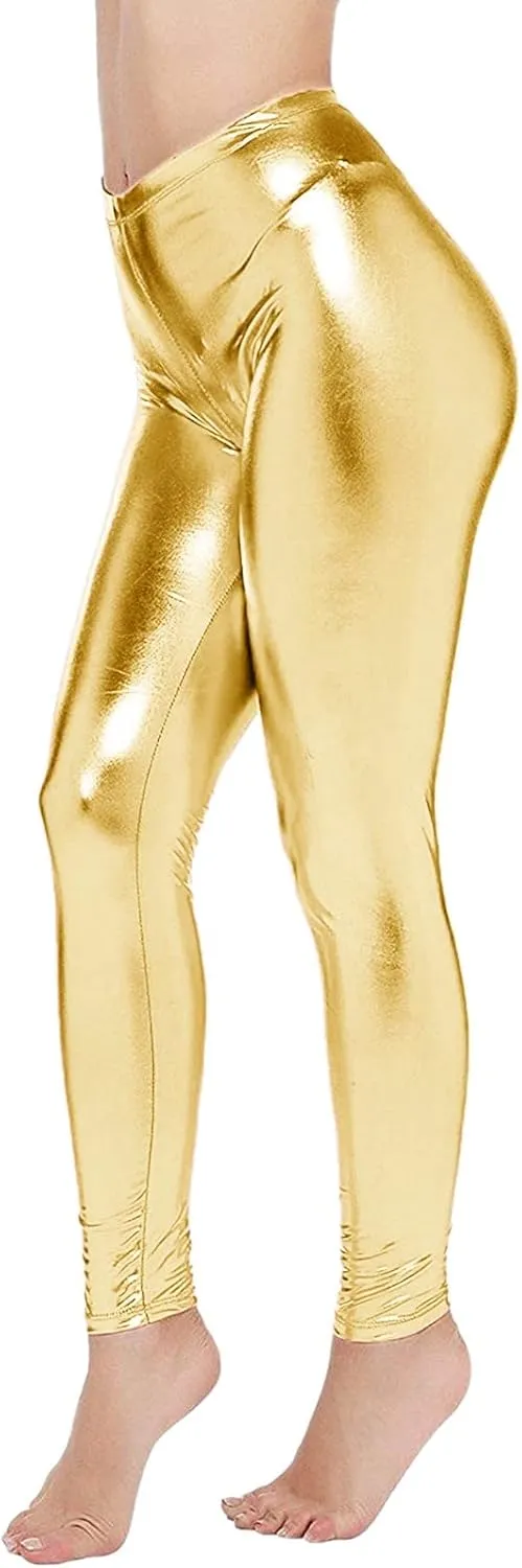 Leggings for Women Sexy Shiny Faux Leather Wet Look Metallic High Waist Pants Trousers Clubwear Pure Color Stretch