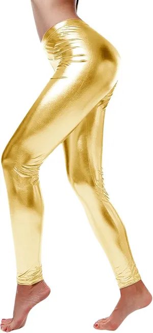 Leggings for Women Sexy Shiny Faux Leather Wet Look Metallic High Waist Pants Trousers Clubwear Pure Color Stretch