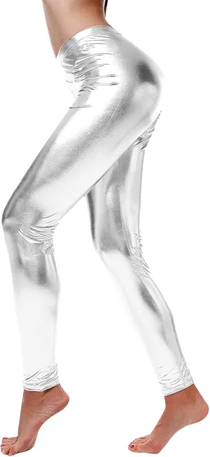 Leggings for Women Sexy Shiny Faux Leather Wet Look Metallic High Waist Pants Trousers Clubwear Pure Color Stretch