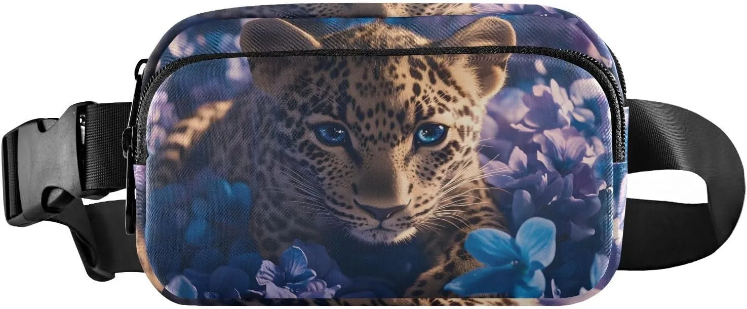 Leopard in Floral Fanny Pack Water Resistant Waist Pack Sling Bag Purse for Women Men Travel Hiking