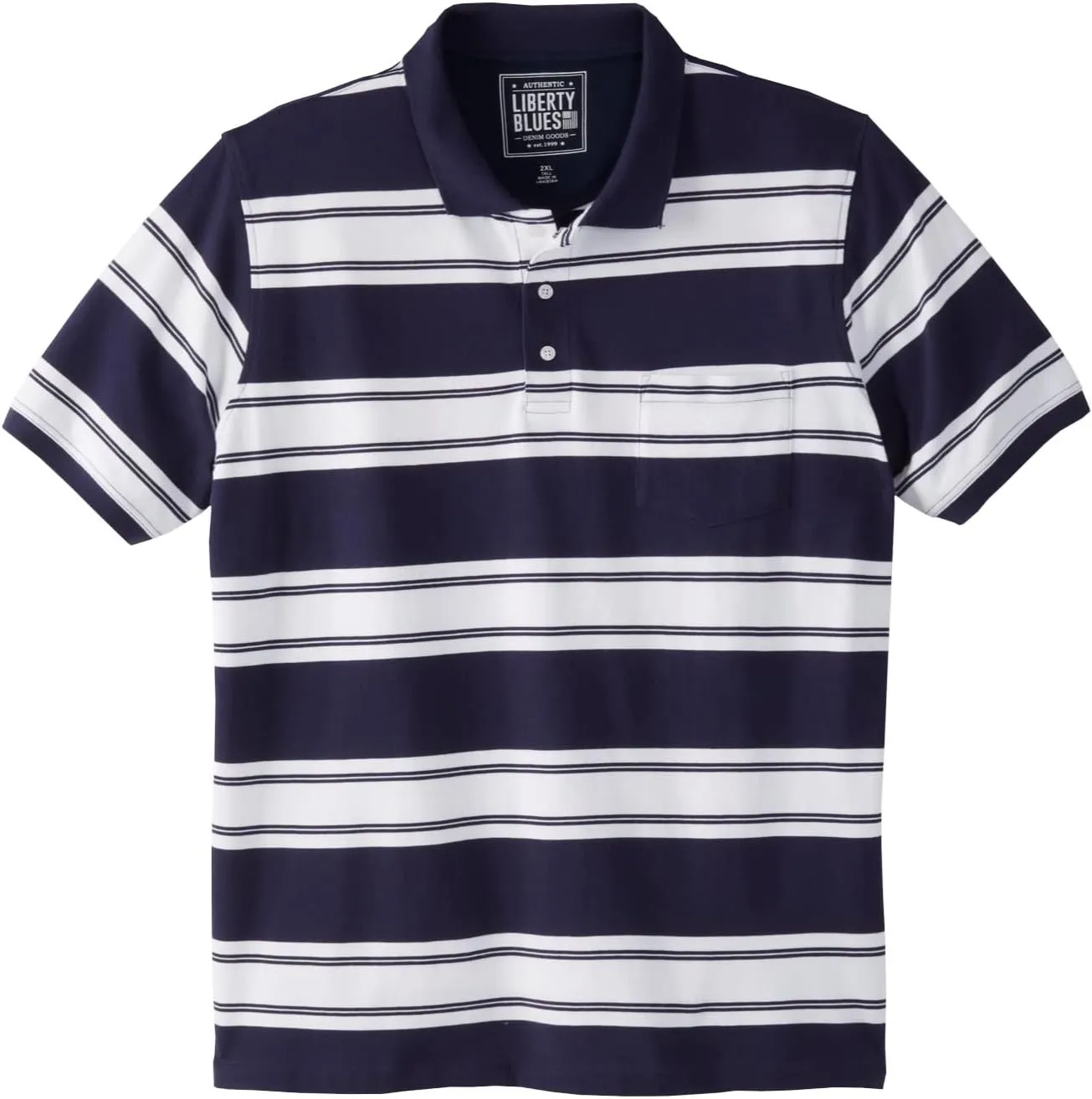 Liberty Blues by Kingsize Men's Big & Tall Shrink-Less Pocket Piqu Polo - 3XL, Navy Rugby Stripe