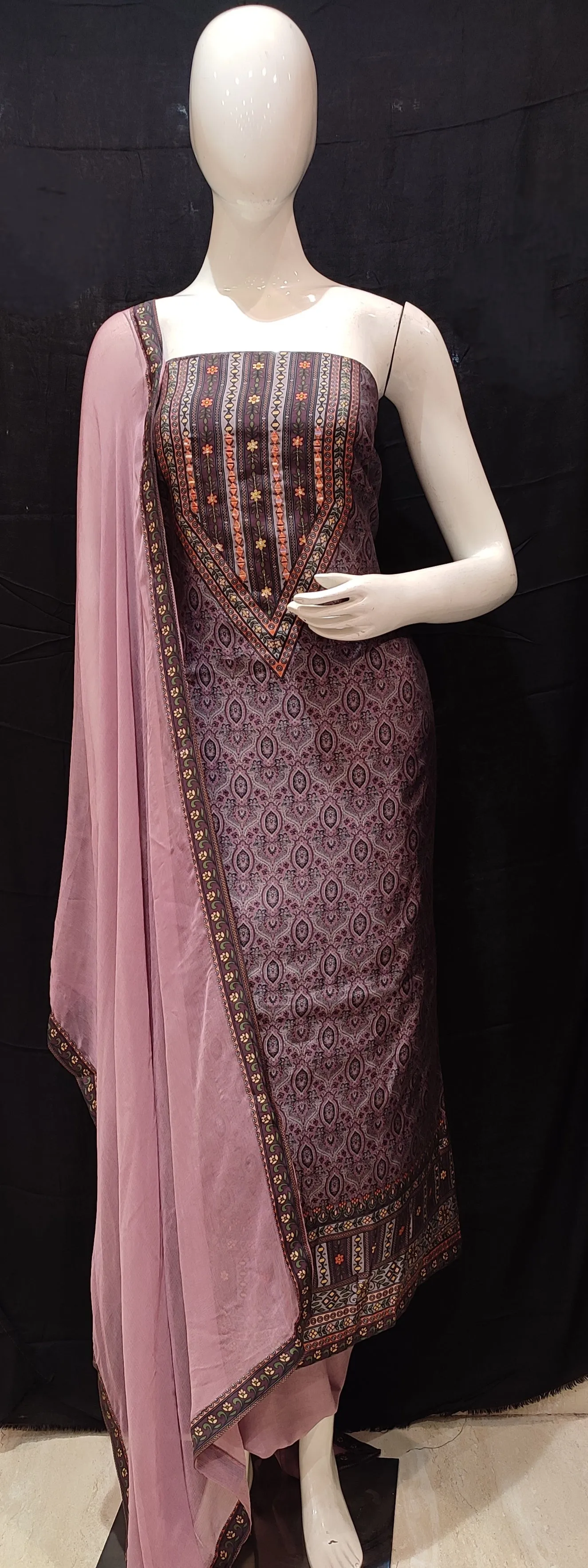 Light Purple Modal Silk Semi-Stitch Suit With Mirror And Thread Embroidery