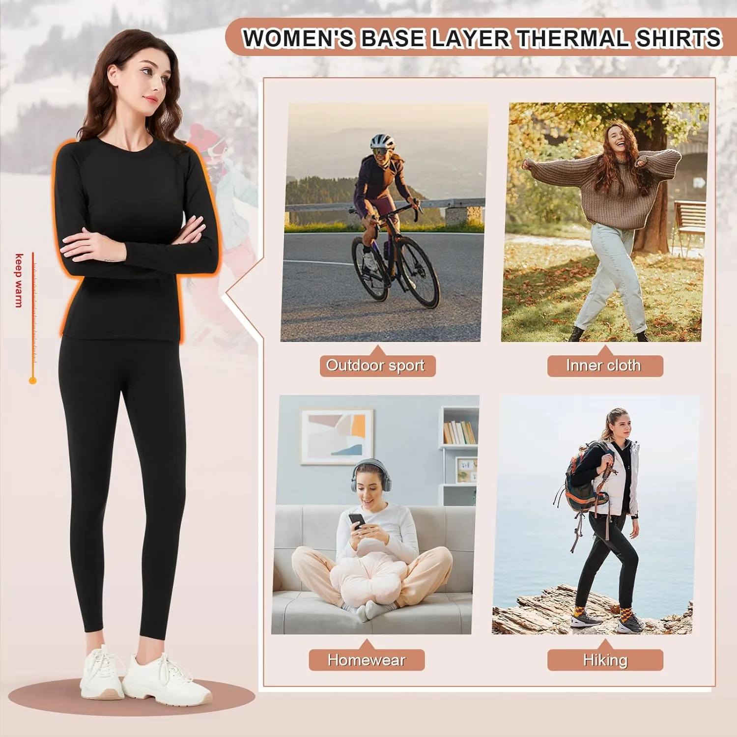 Long Sleeve Thermal Fleece Shirt Women Lightweight Base Layer Warm Undershirt Cold Weather Running Ski Athletic Tops