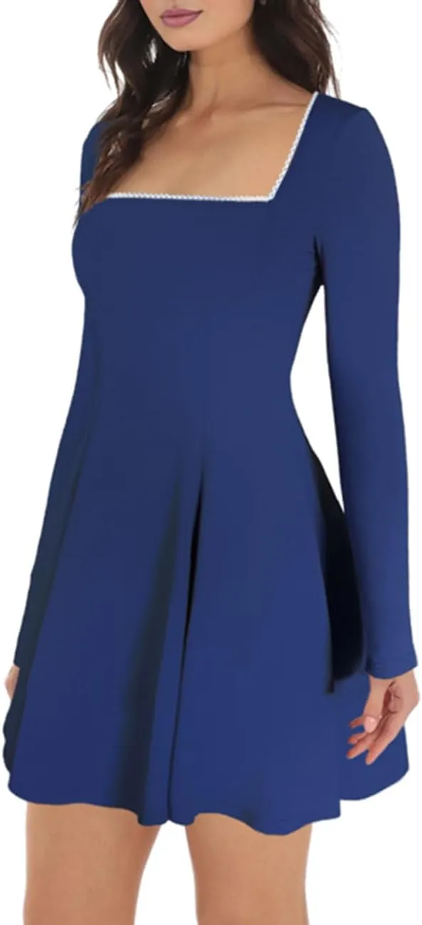 Lrady Womens Square Neck Bodice Dress Long Sleeve Flare A Line Club Party Mini Ruffle Swing Short Dresses