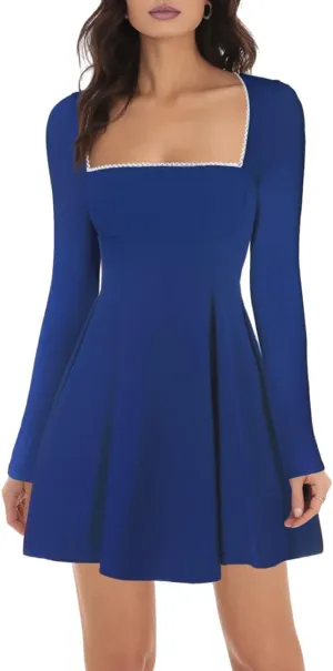 Lrady Womens Square Neck Bodice Dress Long Sleeve Flare A Line Club Party Mini Ruffle Swing Short Dresses