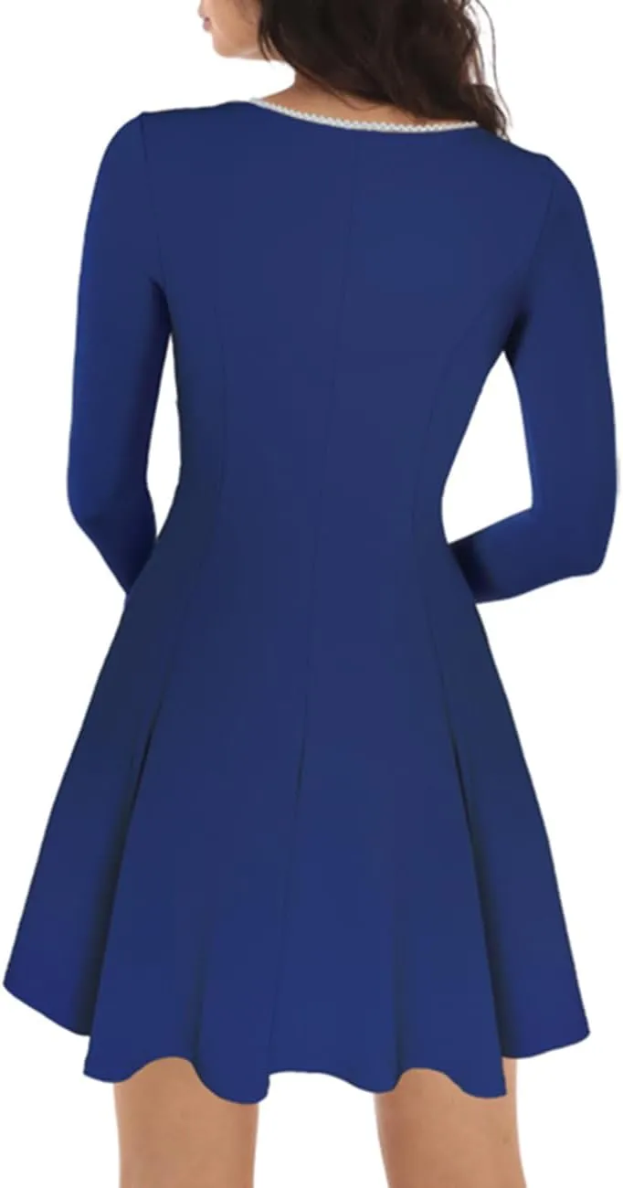 Lrady Womens Square Neck Bodice Dress Long Sleeve Flare A Line Club Party Mini Ruffle Swing Short Dresses