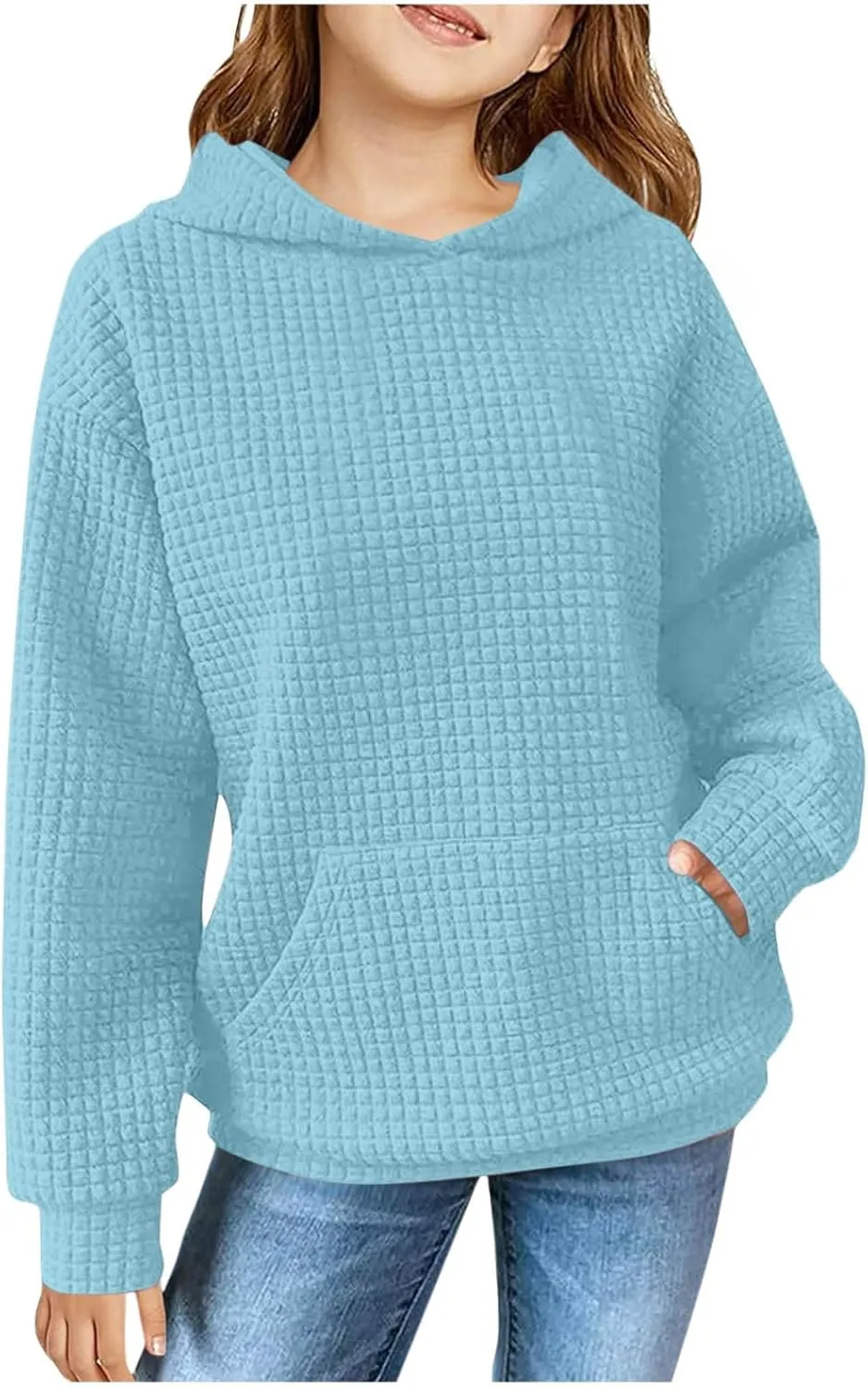 LRMQS Cute Hoodies for Teen Girls Trendy Preppy Waffle Hooded Sweatshirts Oversized Long Sleeve Sweater Tween Girl Clothes