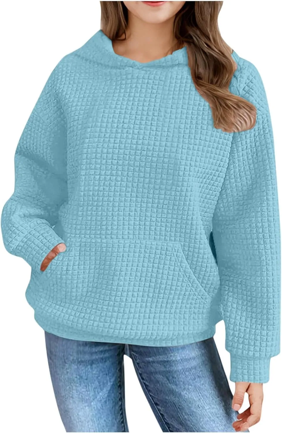 LRMQS Cute Hoodies for Teen Girls Trendy Preppy Waffle Hooded Sweatshirts Oversized Long Sleeve Sweater Tween Girl Clothes
