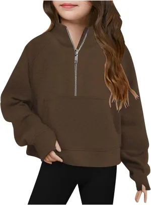 LRMQS Girls Half Zipper Sweatshirts Cute Trendy Fall Pullover Crop Tops for Teen Girls Long Sleeve Sweater Clothes Thumb Hole