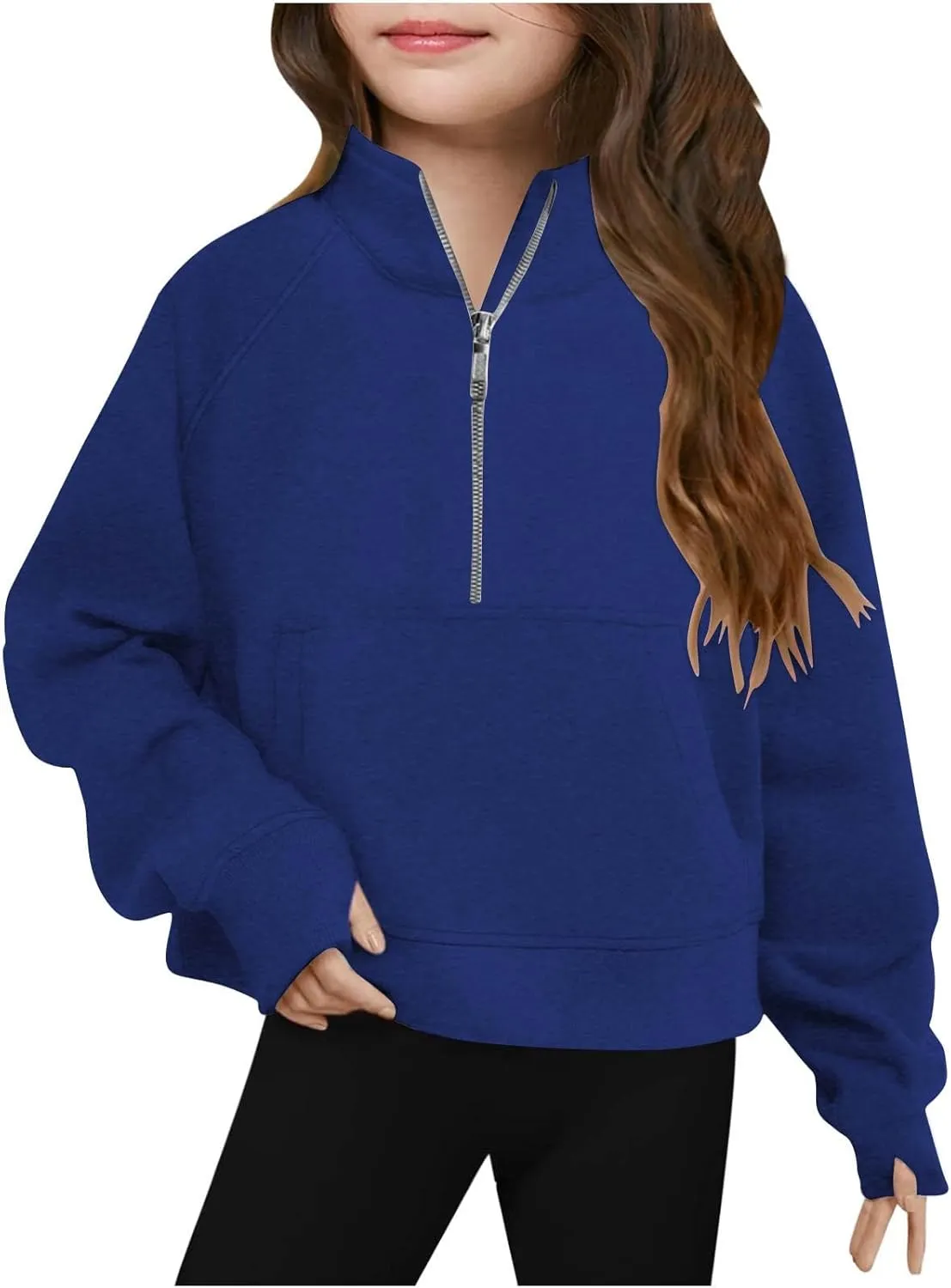 LRMQS Girls Half Zipper Sweatshirts Cute Trendy Fall Pullover Crop Tops for Teen Girls Long Sleeve Sweater Clothes Thumb Hole