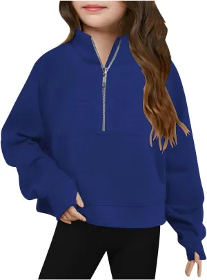 LRMQS Girls Half Zipper Sweatshirts Cute Trendy Fall Pullover Crop Tops for Teen Girls Long Sleeve Sweater Clothes Thumb Hole