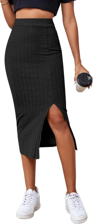 LYANER Women's High Waist Stretchy Rib Knit Split Slit Hem Midi Pencil Skirt