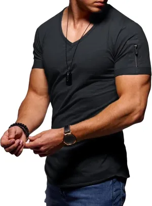 Maiyifu-GJ Men's V Neck Muscle Workout Athletic T-Shirt Bodybuilding Fashion Short Sleeve Slim Fit Zipper Tee Top