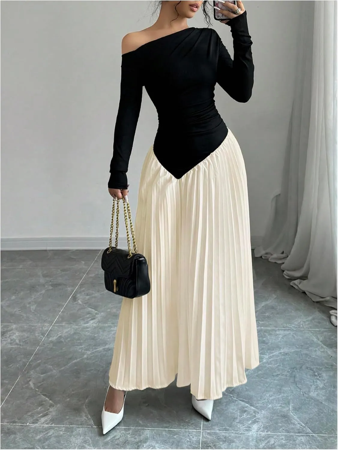 MakeMeChic Women's Elegant One Shoulder Ruched Maxi Dress Pleated Ruffle Hem Fit and Flare Dresses
