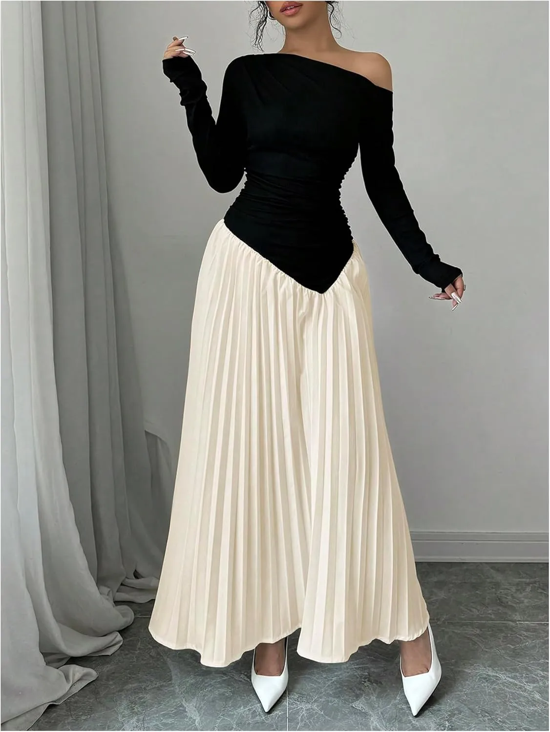 MakeMeChic Women's Elegant One Shoulder Ruched Maxi Dress Pleated Ruffle Hem Fit and Flare Dresses