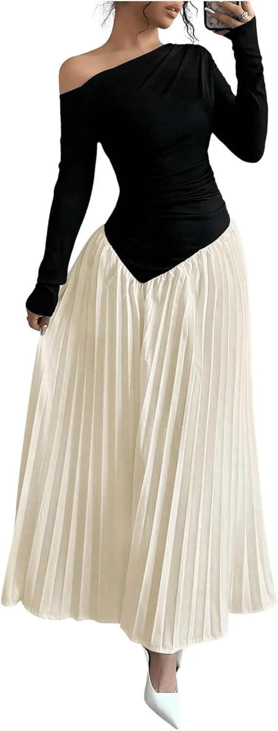 MakeMeChic Women's Elegant One Shoulder Ruched Maxi Dress Pleated Ruffle Hem Fit and Flare Dresses