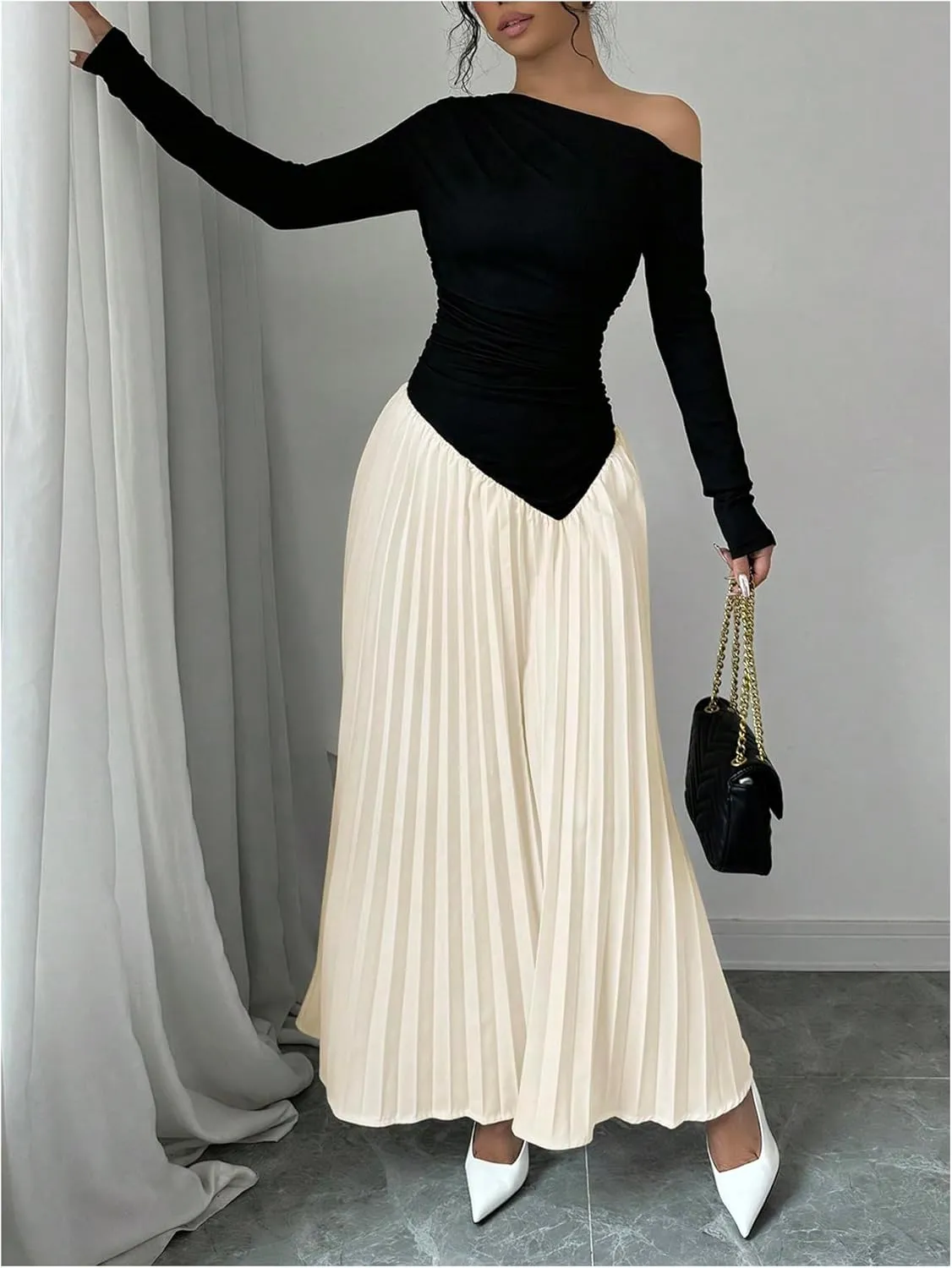 MakeMeChic Women's Elegant One Shoulder Ruched Maxi Dress Pleated Ruffle Hem Fit and Flare Dresses