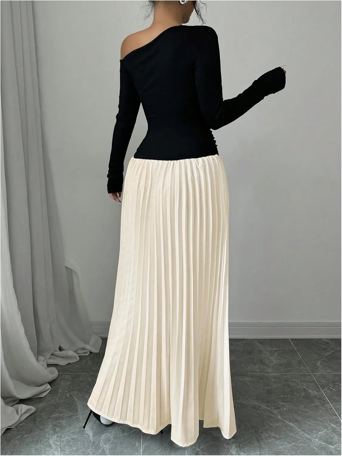 MakeMeChic Women's Elegant One Shoulder Ruched Maxi Dress Pleated Ruffle Hem Fit and Flare Dresses