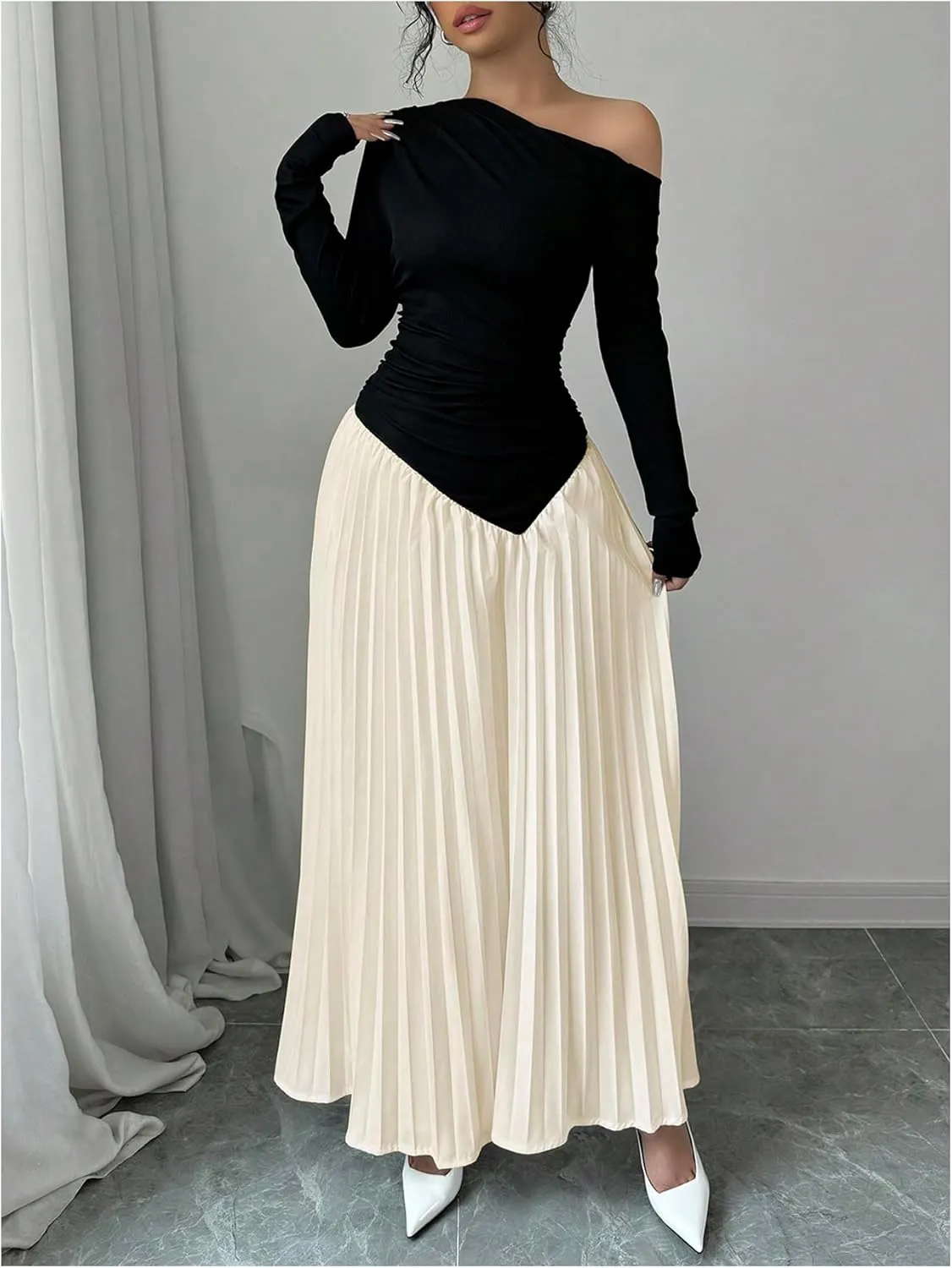 MakeMeChic Women's Elegant One Shoulder Ruched Maxi Dress Pleated Ruffle Hem Fit and Flare Dresses