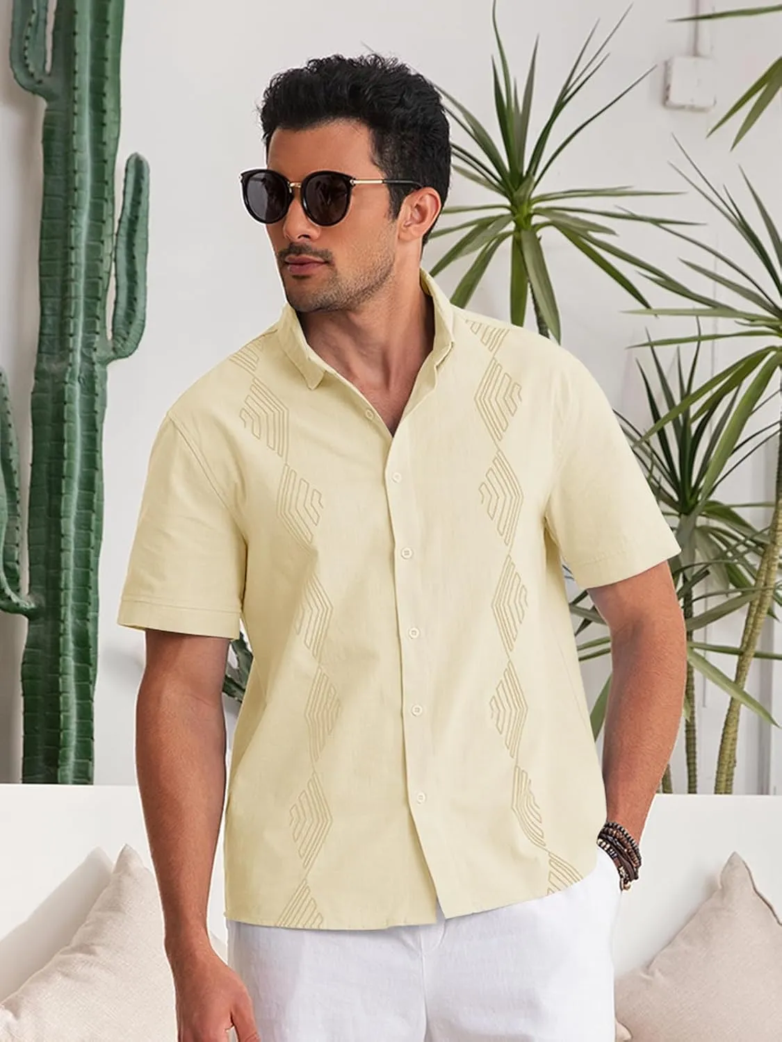 Makkrom Men Cuban Guayabera Shirts Linen Short Sleeve Button Down Cotton Mexican Beach Wedding Shirt