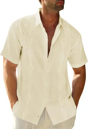 Makkrom Men Cuban Guayabera Shirts Linen Short Sleeve Button Down Cotton Mexican Beach Wedding Shirt