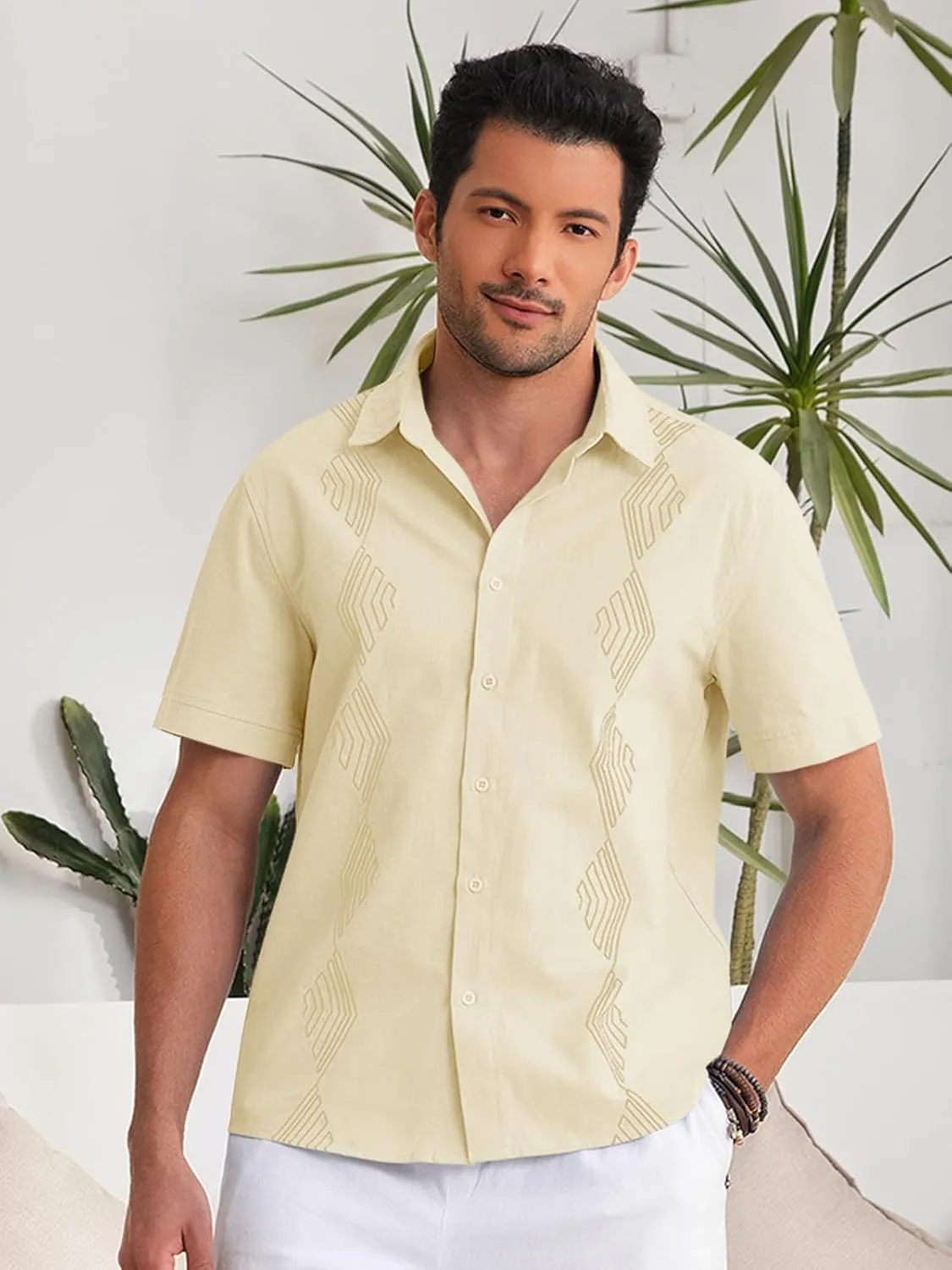 Makkrom Men Cuban Guayabera Shirts Linen Short Sleeve Button Down Cotton Mexican Beach Wedding Shirt