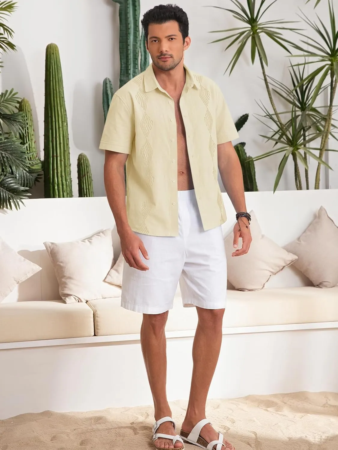 Makkrom Men Cuban Guayabera Shirts Linen Short Sleeve Button Down Cotton Mexican Beach Wedding Shirt