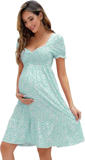 Maternity Dress Women's Maternity Dresses A Line Sweetheart Neck Ruffle Flowy Mini Boho Maternity Dress for Wedding Guest LightGreenfloral S