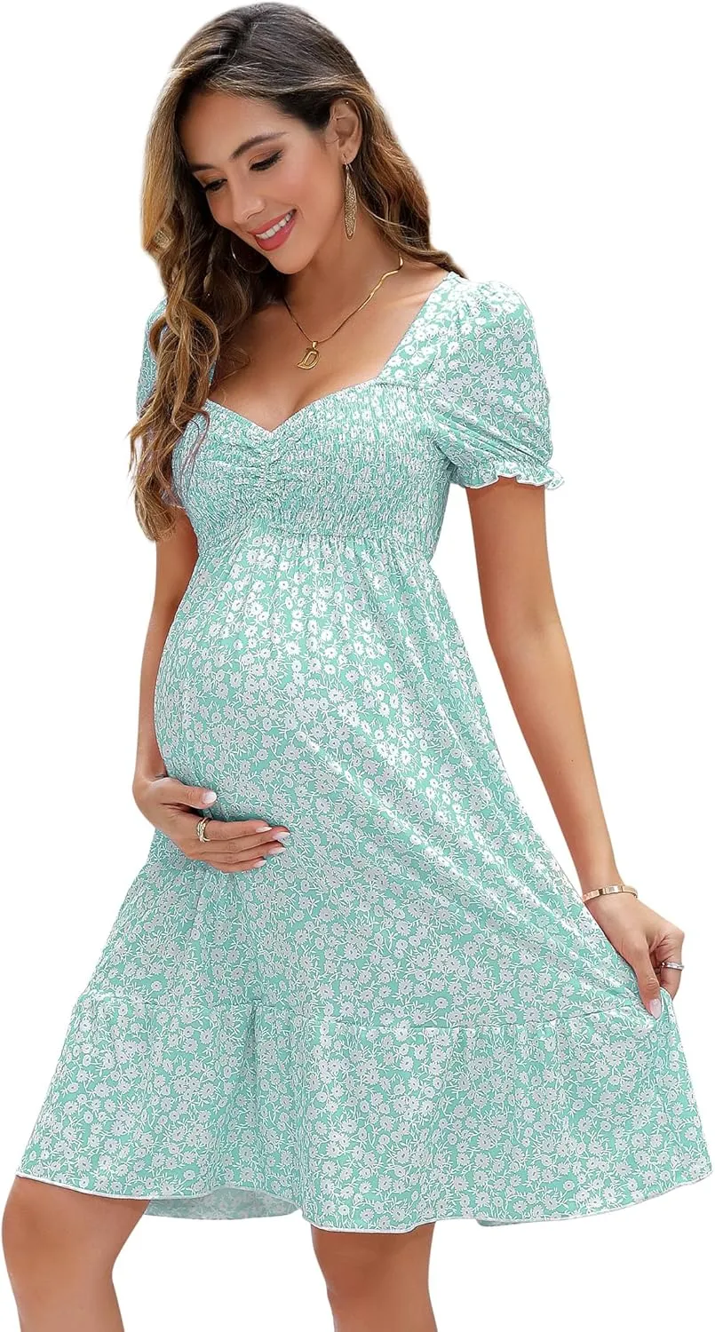 Maternity Dress Women's Maternity Dresses A Line Sweetheart Neck Ruffle Flowy Mini Boho Maternity Dress for Wedding Guest LightGreenfloral S