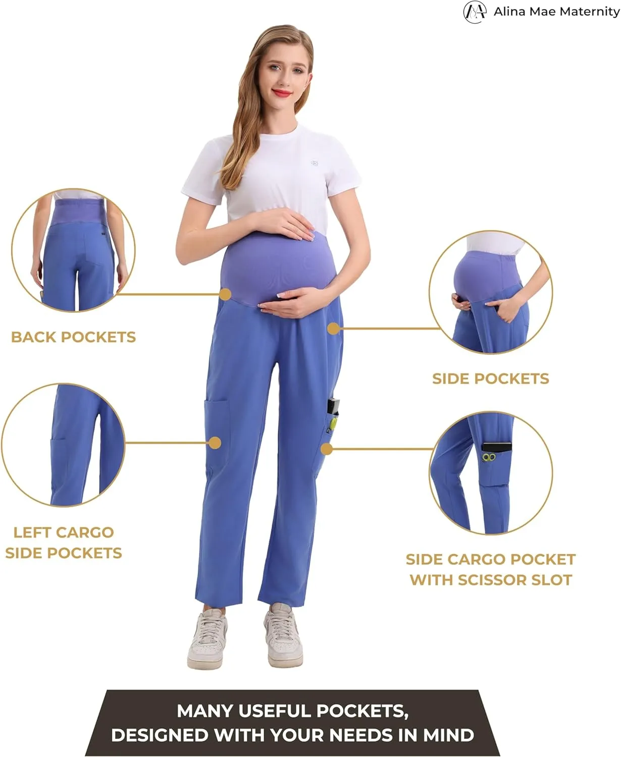 Maternity Scrub Jogger Pants for Women Pregnant Doctor Uniform Pant Nurse Scrub w/ 6 Pockets