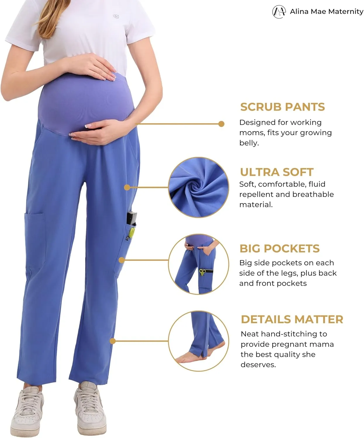 Maternity Scrub Jogger Pants for Women Pregnant Doctor Uniform Pant Nurse Scrub w/ 6 Pockets