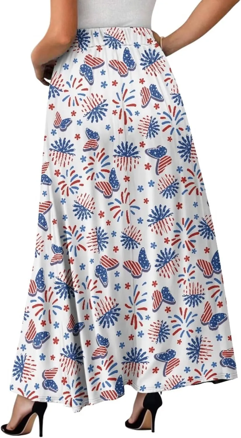Maxi Long Skirts for Women Trendy Elastic High Waisted Flowy Skirt with Pockets Ladies Soft Midi Skirts for Office