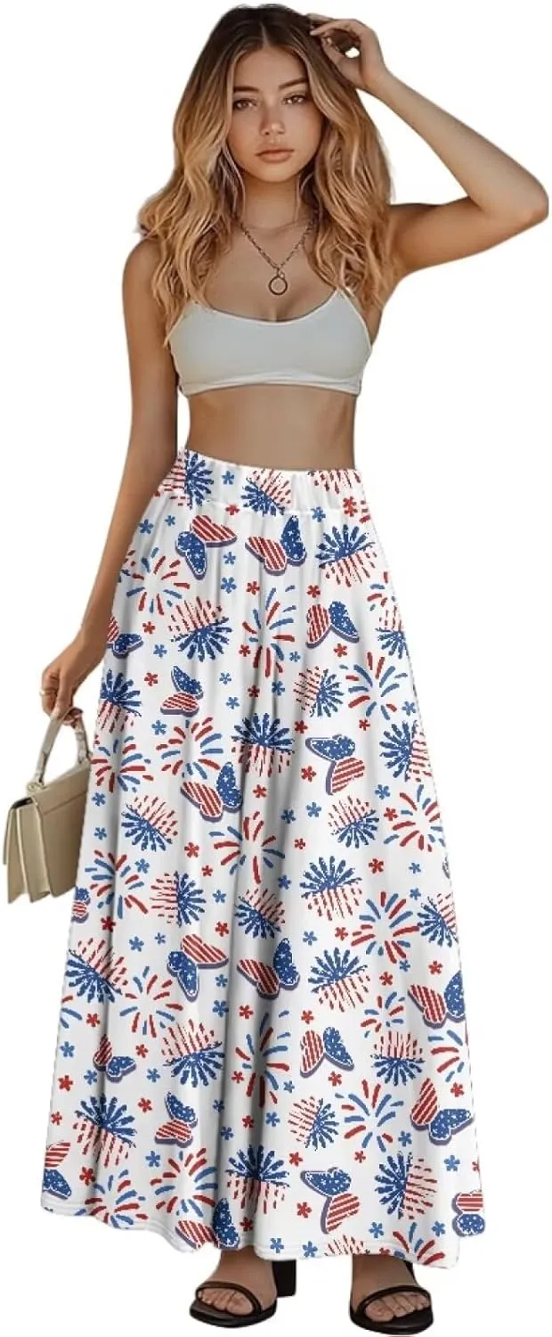 Maxi Long Skirts for Women Trendy Elastic High Waisted Flowy Skirt with Pockets Ladies Soft Midi Skirts for Office