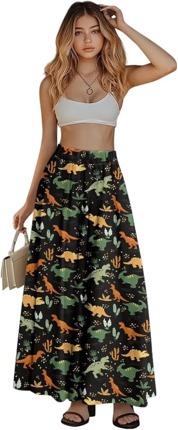 Maxi Long Skirts for Women Trendy Elastic High Waisted Flowy Skirt with Pockets Ladies Soft Midi Skirts for Office