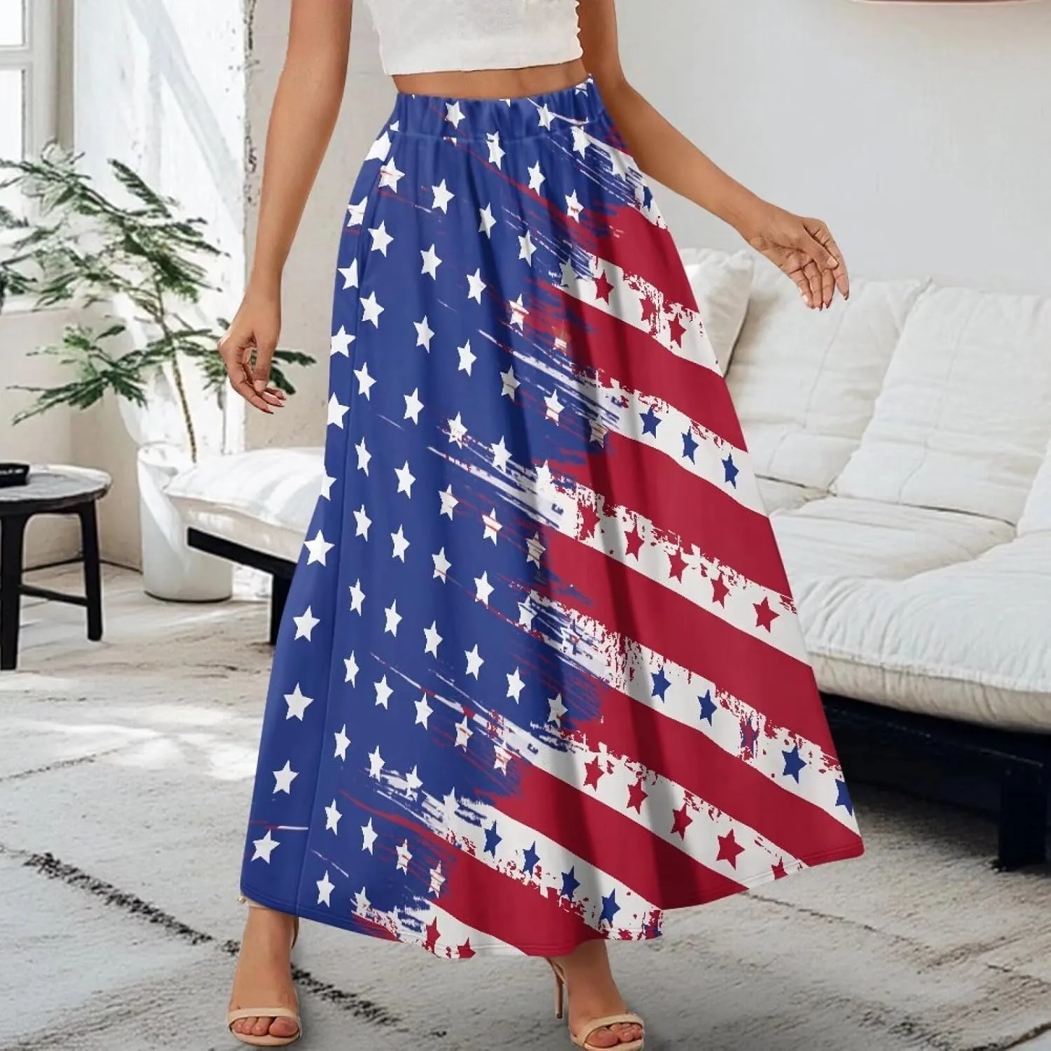 Maxi Long Skirts for Women Trendy Elastic High Waisted Flowy Skirt with Pockets Ladies Soft Midi Skirts for Office